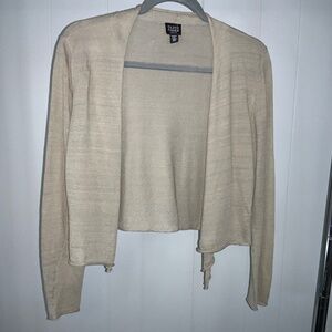 Eileen Fisher Petite tan linen blend open front cropped cardigan Sz PM raw edges
